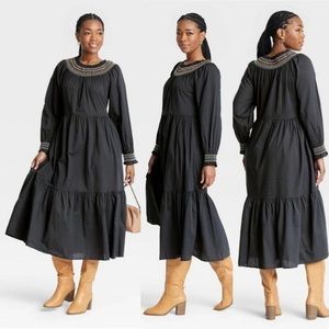 Universal Thread Smocked Long Balloon Sleeve Black Maxi Dress XS Ruffles NWT